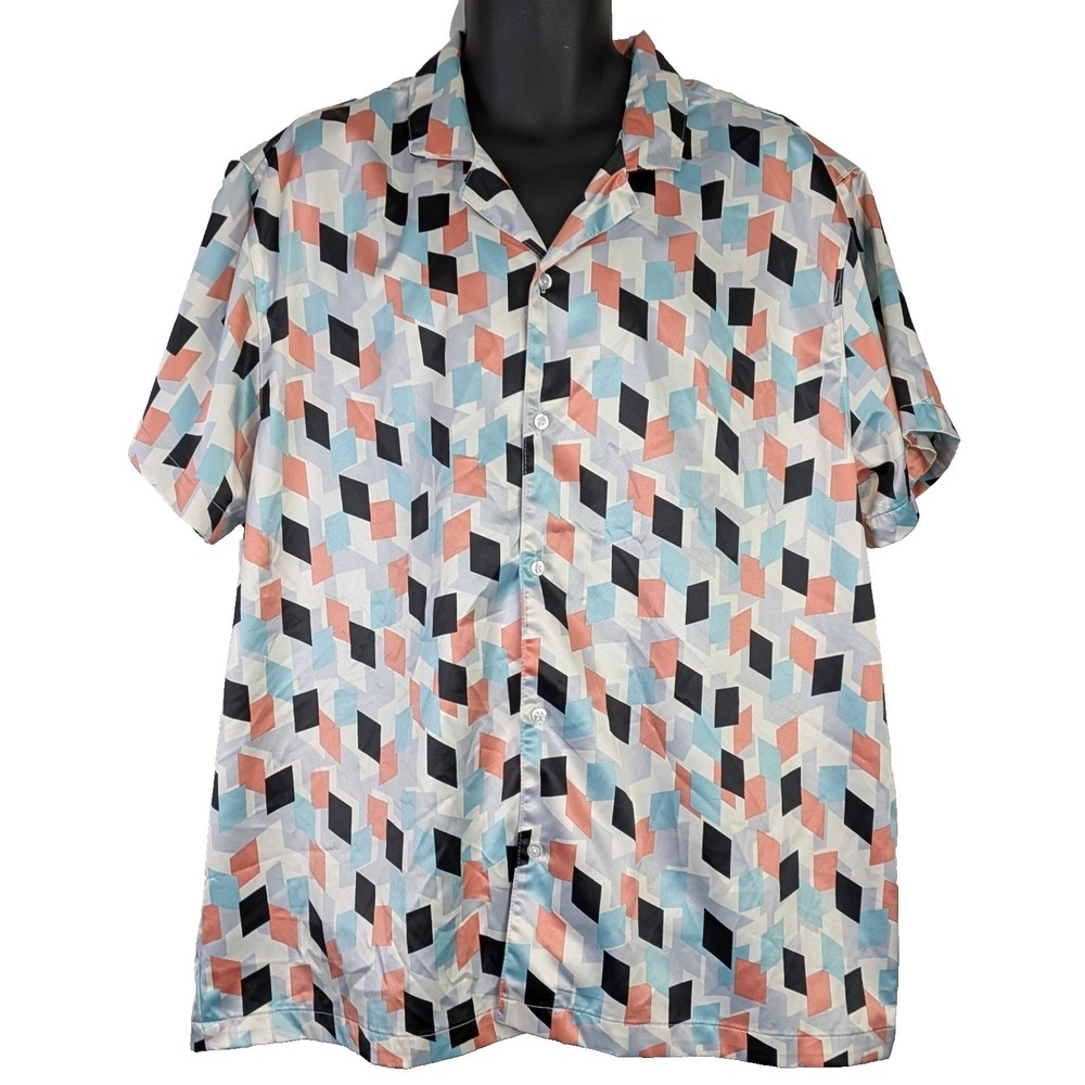 Forever 21 Men Button Down Geo Print Short Sleeve Shirt XXL Pastel